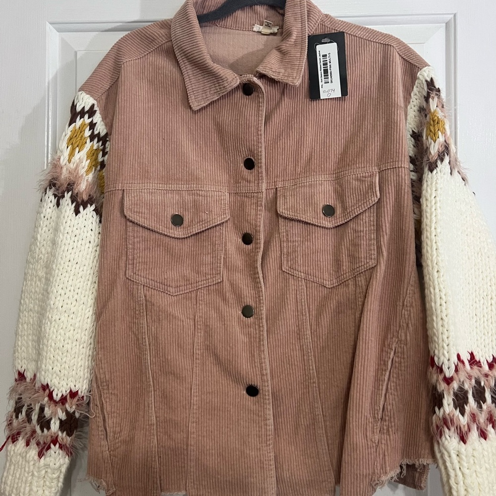 POL Pink Corduroy Jacket with Cream Knit Sleeves